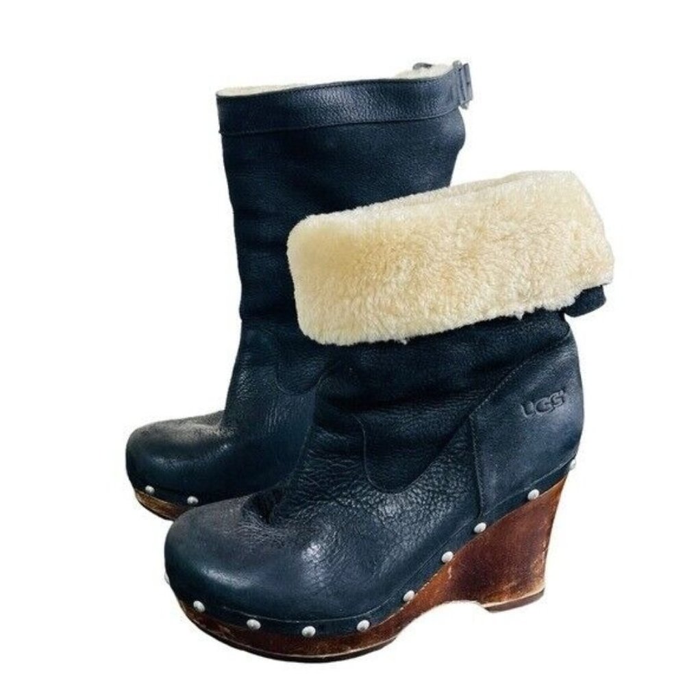 UGG Black Leather Wedge Shearling Cuff Ankle Boots